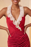 Halter Neck Red Bodycon Ruched Ruffled Glitter Homecoming Dress with Lace Up Back