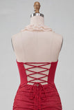 Halter Neck Red Bodycon Ruched Ruffled Glitter Homecoming Dress with Lace Up Back