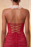 Halter Neck Red Bodycon Ruched Ruffled Glitter Homecoming Dress with Lace Up Back