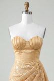 Light Yellow Bodycon Sweetheart Ruched Sequins Lace Up Back Homecoming Dress with Sash