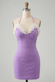 Light Purple Bodycon Halter Neck Ruffled Beaded Homecoming Dress with Lace Up Back