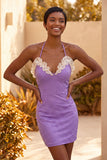Light Purple Bodycon Halter Neck Ruffled Beaded Homecoming Dress with Lace Up Back