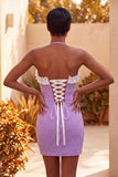 Light Purple Bodycon Halter Neck Ruffled Beaded Homecoming Dress with Lace Up Back