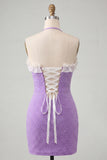Light Purple Bodycon Halter Neck Ruffled Beaded Homecoming Dress with Lace Up Back