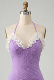 Light Purple Bodycon Halter Neck Ruffled Beaded Homecoming Dress with Lace Up Back