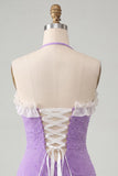 Light Purple Bodycon Halter Neck Ruffled Beaded Homecoming Dress with Lace Up Back