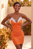 Light Purple Bodycon Halter Neck Ruffled Beaded Homecoming Dress with Lace Up Back