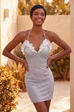 Light Purple Bodycon Halter Neck Ruffled Beaded Homecoming Dress with Lace Up Back