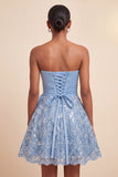 Sky Blue A-Line Sweetheart Sequins Lace Up Back Homecoming Dress with Sash