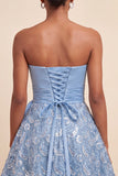 Sky Blue A-Line Sweetheart Sequins Lace Up Back Homecoming Dress with Sash