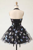A-Line Black Halter Neck Corset Lace Up Back Short Homecoming Dress with Butterfly