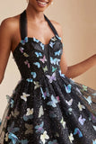 A-Line Black Halter Neck Corset Lace Up Back Short Homecoming Dress with Butterfly