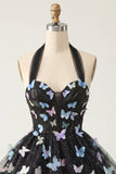 A-Line Black Halter Neck Corset Lace Up Back Short Homecoming Dress with Butterfly