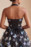 A-Line Black Halter Neck Corset Lace Up Back Short Homecoming Dress with Butterfly