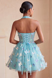 A-Line Black Halter Neck Corset Lace Up Back Short Homecoming Dress with Butterfly