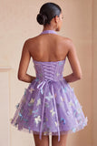A-Line Black Halter Neck Corset Lace Up Back Short Homecoming Dress with Butterfly