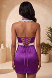 Satin Purple Bodycon Beaded Halter Neck Short Homecoming Dress with Lace Up Back
