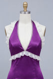 Satin Purple Bodycon Beaded Halter Neck Short Homecoming Dress with Lace Up Back