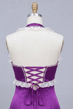 Satin Purple Bodycon Beaded Halter Neck Short Homecoming Dress with Lace Up Back