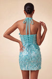 Lilac Halter Neck Bodycon Sequins Short Homecoming Dress with Lace Up Back