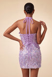 Lilac Halter Neck Bodycon Sequins Short Homecoming Dress with Lace Up Back
