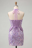 Lilac Halter Neck Bodycon Sequins Short Homecoming Dress with Lace Up Back