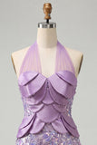 Lilac Halter Neck Bodycon Sequins Short Homecoming Dress with Lace Up Back