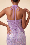 Lilac Halter Neck Bodycon Sequins Short Homecoming Dress with Lace Up Back