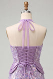 Lilac Halter Neck Bodycon Sequins Short Homecoming Dress with Lace Up Back