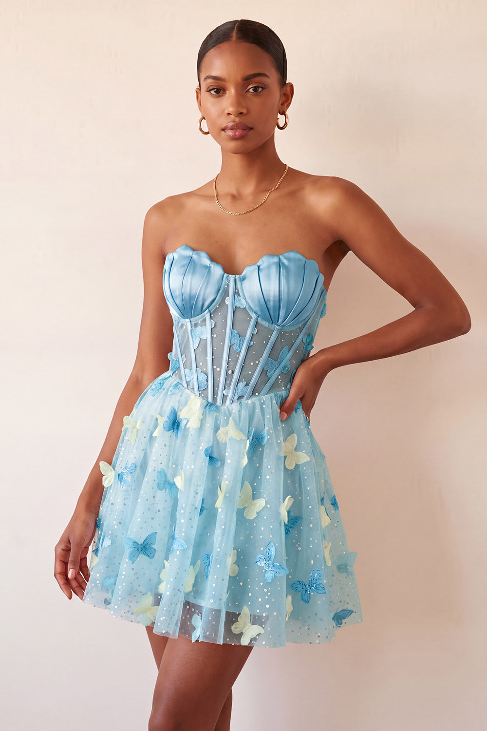 ZAPAKA Women Blush Floral Homecoming Dress with Butterfly Lace Up Back A-Line Sweetheart Sheer Corset Appliqued Short Cocktail Dress, Sky Blue / US2