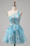 Light Blue A-Line One Shoulder Sequins Ruffled Homecoming Dress with Lace Up Back