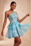 Light Blue A-Line One Shoulder Sequins Ruffled Homecoming Dress with Lace Up Back