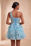 Light Blue A-Line One Shoulder Sequins Ruffled Homecoming Dress with Lace Up Back
