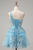 Light Blue A-Line One Shoulder Sequins Ruffled Homecoming Dress with Lace Up Back