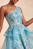 Light Blue A-Line One Shoulder Sequins Ruffled Homecoming Dress with Lace Up Back