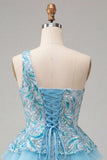 Light Blue A-Line One Shoulder Sequins Ruffled Homecoming Dress with Lace Up Back