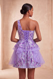 Light Blue A-Line One Shoulder Sequins Ruffled Homecoming Dress with Lace Up Back