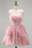 Pink A-Line Corset Bowed Straps Sequins Ruffled Homecoming Dress with Lace Up Back