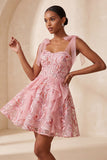 Pink A-Line Corset Bowed Straps Sequins Ruffled Homecoming Dress with Lace Up Back