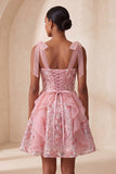 Pink A-Line Corset Bowed Straps Sequins Ruffled Homecoming Dress with Lace Up Back