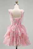 Pink A-Line Corset Bowed Straps Sequins Ruffled Homecoming Dress with Lace Up Back