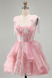 Pink A-Line Corset Bowed Straps Sequins Ruffled Homecoming Dress with Lace Up Back