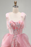 Pink A-Line Corset Bowed Straps Sequins Ruffled Homecoming Dress with Lace Up Back