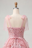 Pink A-Line Corset Bowed Straps Sequins Ruffled Homecoming Dress with Lace Up Back