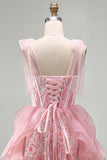 Pink A-Line Corset Bowed Straps Sequins Ruffled Homecoming Dress with Lace Up Back