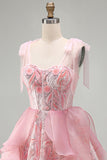 Pink A-Line Corset Bowed Straps Sequins Ruffled Homecoming Dress with Lace Up Back