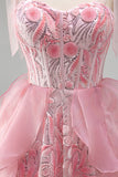 Pink A-Line Corset Bowed Straps Sequins Ruffled Homecoming Dress with Lace Up Back