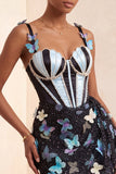 Bodycon Blush Corset Butterfly Pearl Applique Lace Up Back Homecoming Dress with Sash
