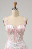 Bodycon Blush Corset Butterfly Pearl Applique Lace Up Back Homecoming Dress with Sash