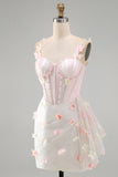 Pink Seashell Bust Corset Bodycon Short Homecoming Dress with 3D Butterfly Appliqués